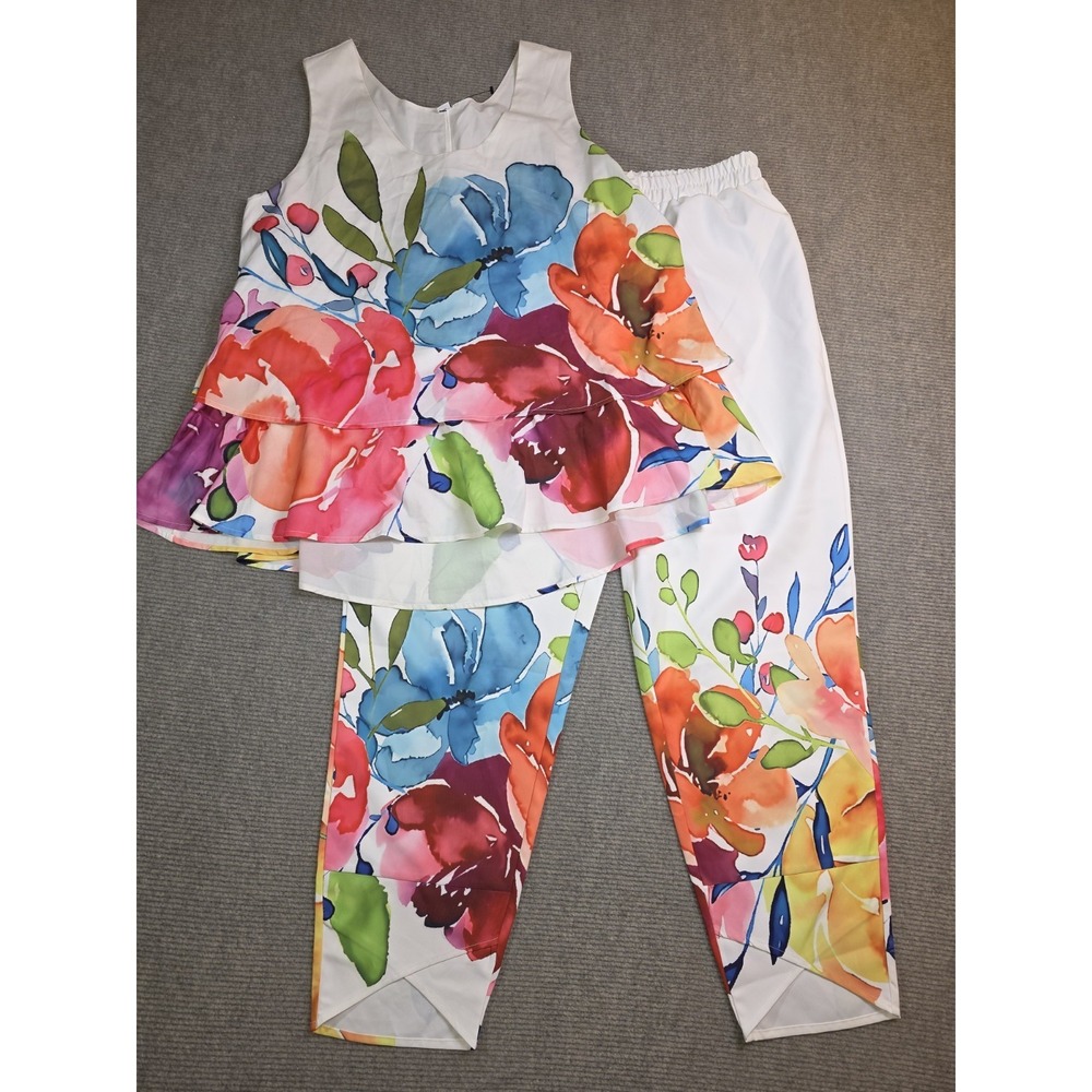Artist Floral Hawaii Color 2 piece Sleeveless Flare Hem Top & Ankle Pants Size L